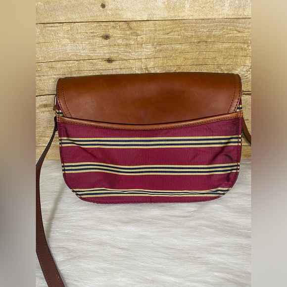 Brooks Brothers Brown Leather Red Multi Striped Fabric Crossbody Bag Purse - Picture 3 of 16